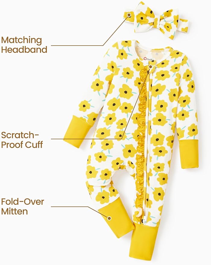 PATPAT Baby Girl Boy Clothes Newborn Infant Footie – Soft Viscose from Bamboo– 2-Way Zipper, Fold-Over Mitten, Ruffle Trim