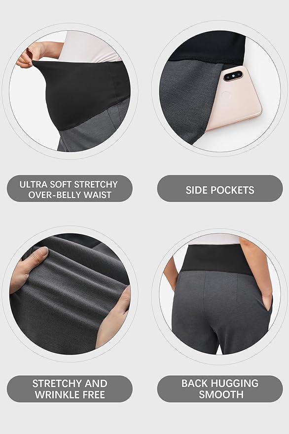 OUGES Womens Stretchy Maternity Over Belly Casual Work Straight Leg Pants Ankle Business Office Trousers with Pockets