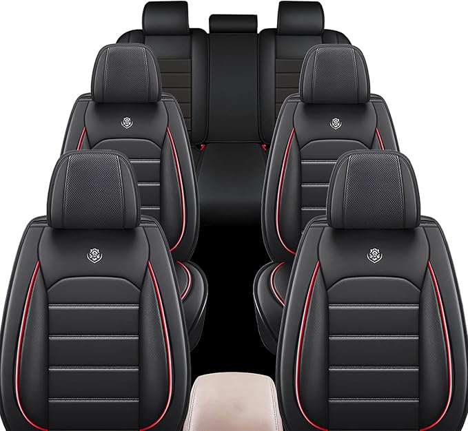 JOJ Car Seat Cover Fit for Toyota Highlander 2001-2025,7 Seat Car Seat Cover,No-Slip Waterproof Breathable Faux Leather Automotive Seat Covers Auto Interior Covers,Full Set,Black Red