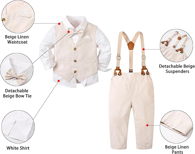 SANGTREE Boys Cotton Linen Suit Formal Set Baby Clothes Boy Gentleman Wedding Ring Bearer Outfits, 3 Months - 9 Years