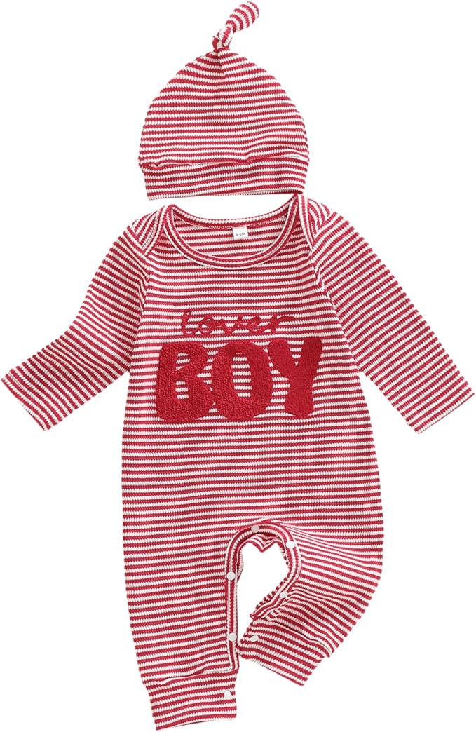 Fernvia Newborn Baby Boy Clothes Letters Print Bodysuit 3 6 9 12 18 Months Long Sleeve Jumpsuit with Hat 2PCS Outfits Set