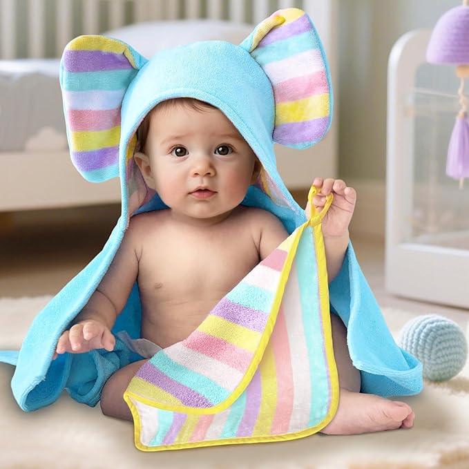Thick Baby Hooded Bath Towel - 100% Cotton,500GSM, 33x31.5 Inches,0-2Years, Super Absorbent Large Towel with Cute Elephant Ears Hood for Newborn,Toddler,infant,Baby Essentials,Light Blue