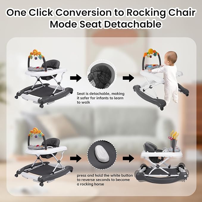 Baby Walker, 5-in-1 Baby Walkers for Boys and Girls 6-12 Months with Bouncer, Removable Footrest, Feeding Tray & Music, Foldable & Adjustable Activity Walker for 6-18 Months Toddler Infant