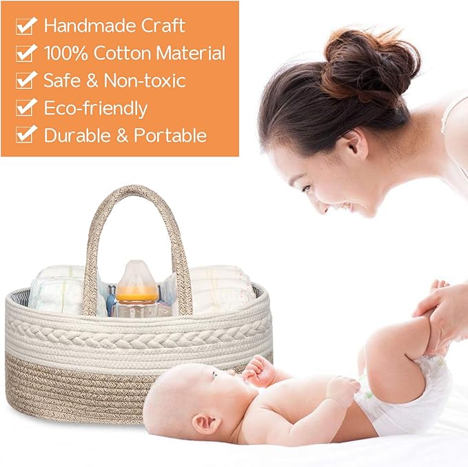 Baby Diaper Caddy Organizer -100% Cotton Baby Basket Bin with Removable Divider -Portable Tote Bag Storage Basket for Boy & Girl Nursery Organization (White & Yellow Variegated)