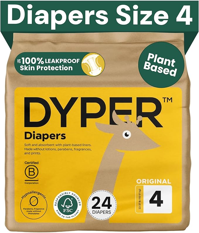 DYPER Baby Diapers Size 4 (24 Count) – Plant-Based, Hypoallergenic, Fragrance-Free & Ultra Absorbent Disposable Diapers for Day and Overnight Skin Protection, Single Pack Size 4 Diapers