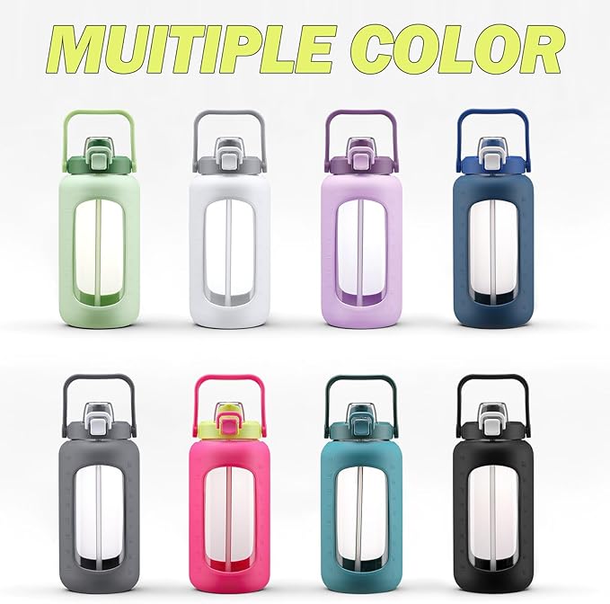72oz Glass Water Bottle with 2-IN-1 Straw &Chug Lid, Large Motivational Glass Bottle with Capacity Marker and Silicone Sleeve, 2.1L Gallon Water Jug for Home, Sports, Gym, BPA Free-Gray
