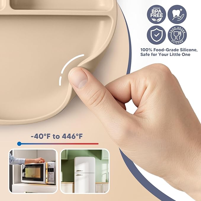 Silicone Baby Feeding Set Plates Set for Toddlers Infant Kids, baby plates with suction (2, Beige)
