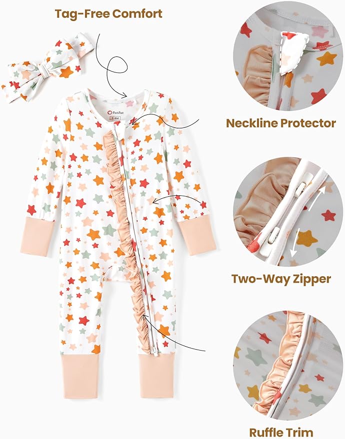 PATPAT Baby Girl Boy Clothes Newborn Infant Footie – Soft Viscose from Bamboo– 2-Way Zipper, Fold-Over Mitten, Ruffle Trim