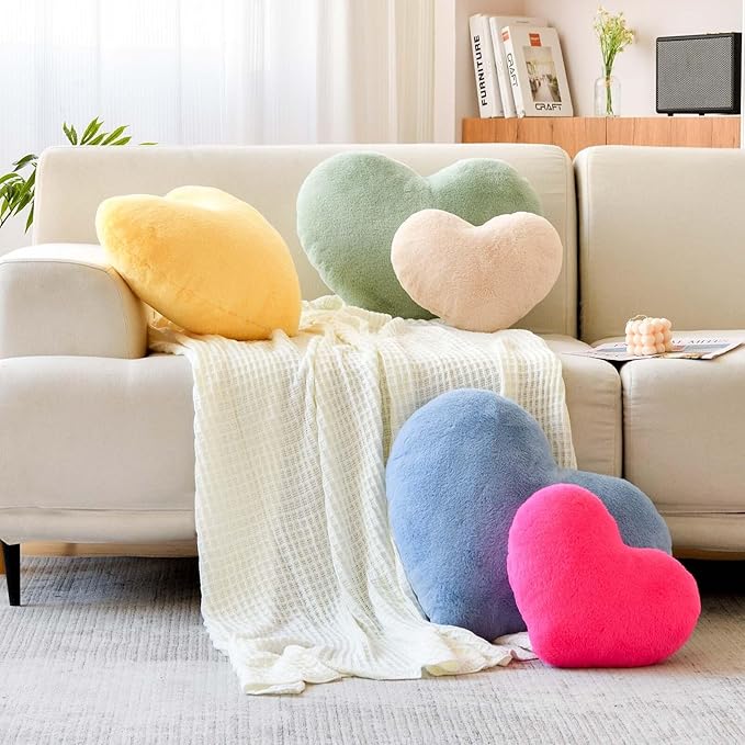 Dusty Blue Heart Pillows, Cute Heart Decorative Pillow, Heart Shaped Throw Pillows for Bed, Faux Rabbit Fur Plush Hoom Decor Pillow Cushion for Chair Sofa Living Room (Mini 12.9" x 9.8")