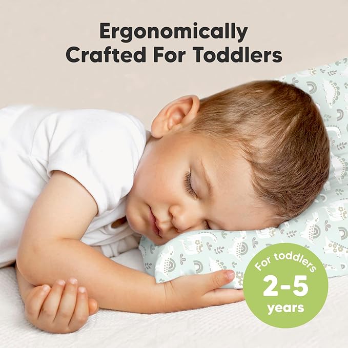 Toddler Pillow with Pillowcase - 13x18 My Little Dreamy Kids Travel Bed Pillows for Sleeping, Organic Cotton Small Pillowcase, Soft & Breathable, Machine Washable, Toddlers 2-5 Years Old (DinoBloom)