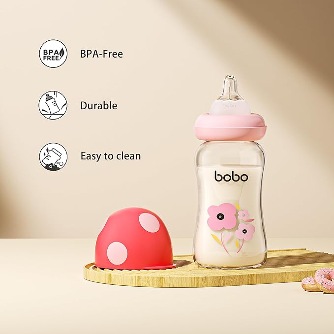 YOHKOH Natural Glass Baby Bottle with Natural Response Nipple, Newborn Anti-Colic Baby Bottles, Wide Neck Mushroom Cap Baby Bottle, Clear ((5.4oz (Pack of 4), Red-1)