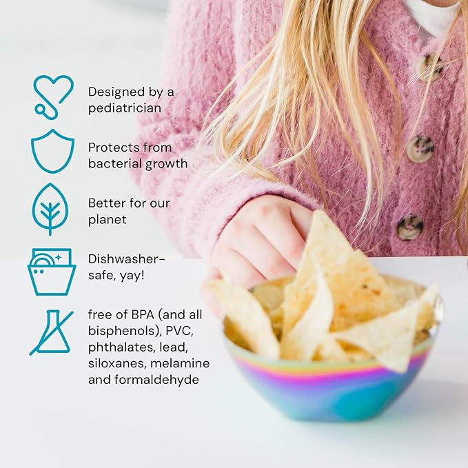 Ahimsa Stainless Steel Bowls for Kids | Non Toxic, Pediatrician Designed Toddler Bowls 12oz | Durable Metal Kids Bowl, Easy to Clean, Dishwasher Safe | Set of 4 Fun Rainbow