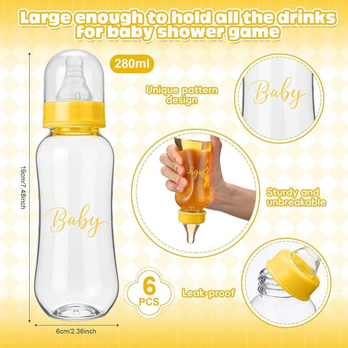 6 Sets Bottle Chug Baby Shower Games Juegos Para Plastic Baby Bottles Bibs Hat Disposable Diapers Gender Reveal Games Baby Changing Diaper Race Game Decoration (Yellow)