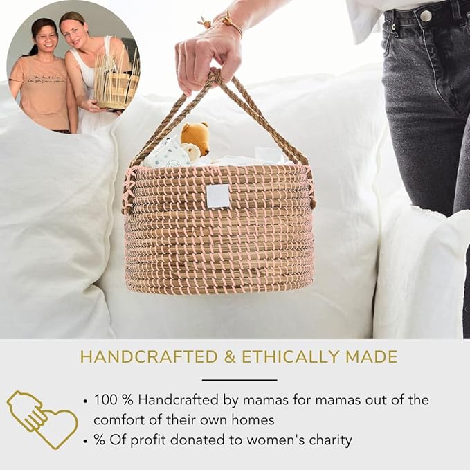 BEBE BASK Premium Pink Baby Diaper Caddy Organizer -Handmade - Seagrass Basket With Cotton Divider - Award-Winning & Luxury Pink Diaper Caddy Basket - (Blush)