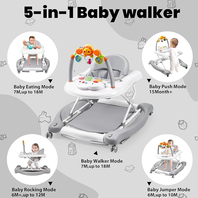 Baby Walker, 5-in-1 Baby Walkers for Boys and Girls 6-12 Months with Bouncer, Removable Footrest, Feeding Tray & Music, Foldable & Adjustable Activity Walker for 6-18 Months Toddler Infant