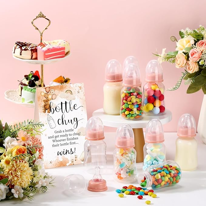 TrelaCo Bottle Chug Baby Shower Game 20 Pcs Baby Bottles Shower Favor with 1 Classic Theme Sign for Gender Reveal Party Supplies Gifts(Brown)