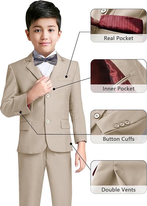 YuanLu Boys Suit for Kids Tuxedo Wedding Ring Bearer Outfit, 5 Piece Boy Slim Fit Formal Suits with Adjustable Waist