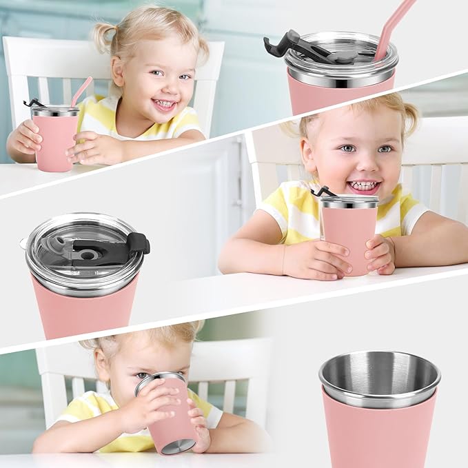 Kids Cups with Straws and Lids Leak Proof, 12oz Sippy Cups for Toddlers 1-3, 4 Pack Toddler Cup Spill Proof Stainless Steel Kids Cups with Lids for School, Outdoor