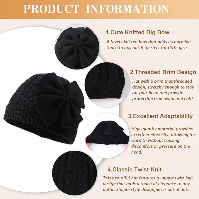 JANGANNSA Winter Warm Knitted Baby Hat for Girls Cotton Lined Infant Toddler Hat Autumn Cute Bow Classic Girls Beanie 0-6Y