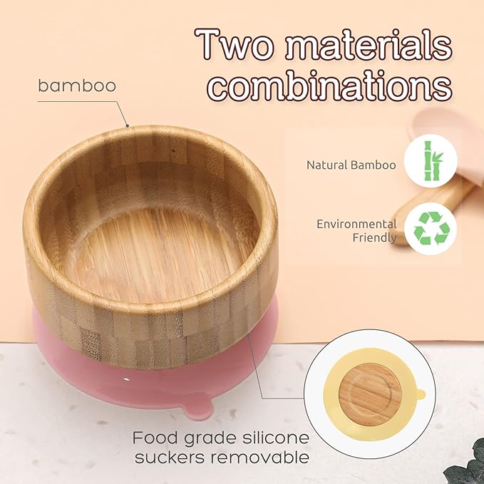 Baby Bamboo Bowls with Suction and Matching Spoon Set,2PC Feeding Supplies Set for Infant, Toddlers,Detachable Silicone Suction Stay Put Base for Wooden Bowl （Pink）