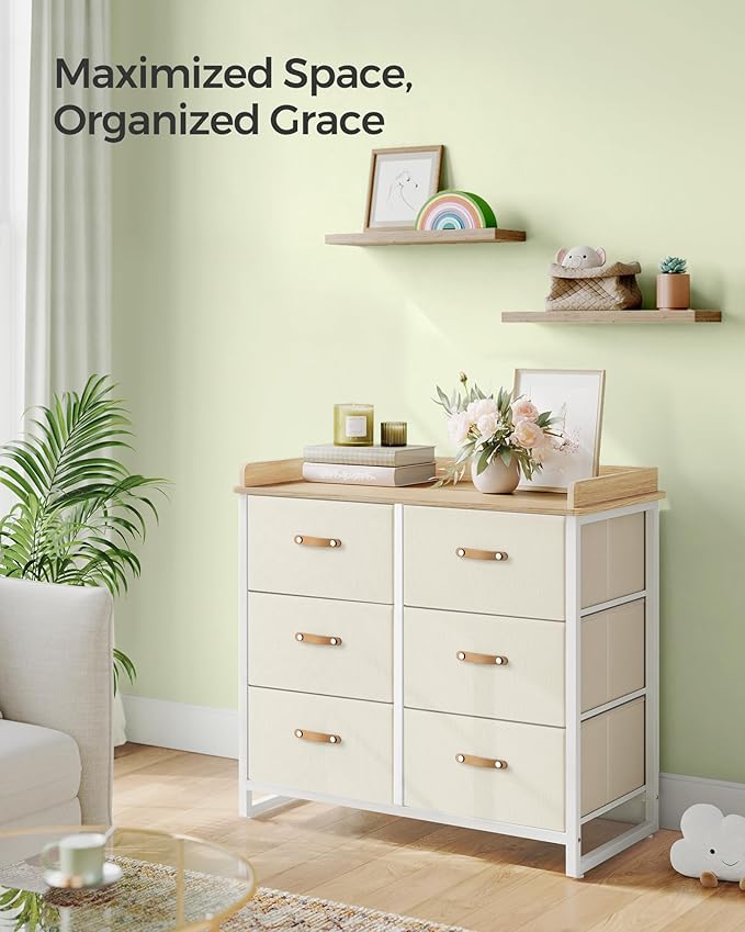 SONGMICS Kids Dresser with 6 Drawers, Boys Girls Dresser, with Water-Resistant Tabletop, Storage Organizer Cabinet, for Bedroom Hallway, Beige UGKR101K01