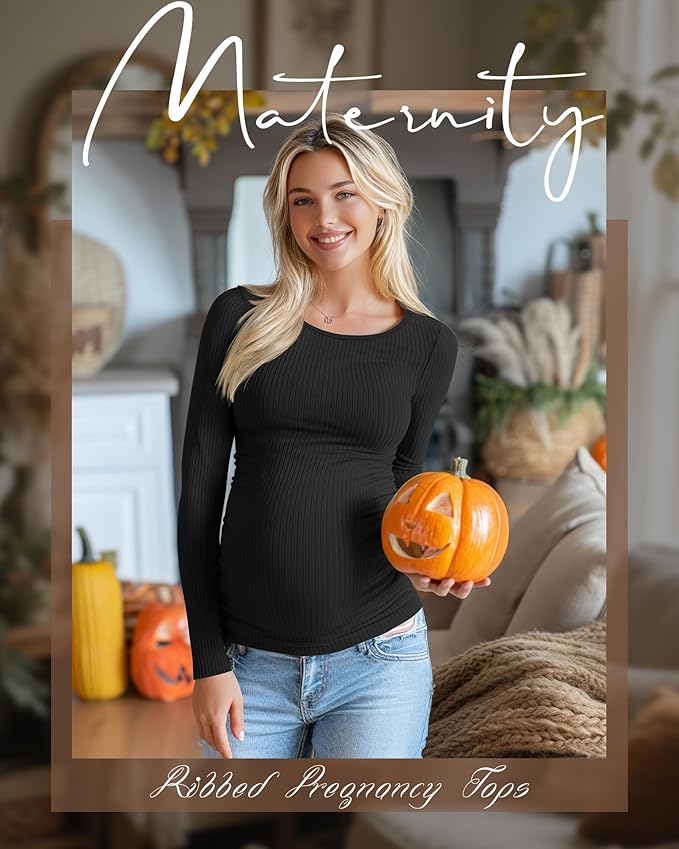 Huukeay 4 Pack Women's Maternity Shirts, Long Sleeve Cotton Ribbed Pregnancy Tops Side Ruched Crew Neck Casual Mama Clothes