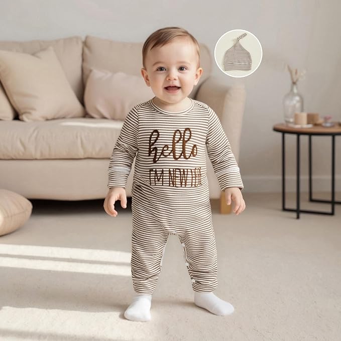 Fernvia Newborn Baby Boy Clothes Letters Print Bodysuit 3 6 9 12 18 Months Long Sleeve Jumpsuit with Hat 2PCS Outfits Set
