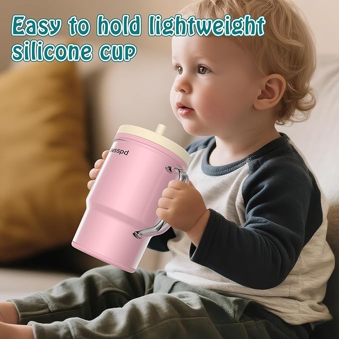 Toddler Cups – 9 oz Adorable Miniature Tumbler with Leak-Resistant Straw and Toddler-Friendly Handle, Encourages Hydration, Easy to Clean, Sippy cups for Toddlers 1-3，BPA Free silicone (Pink)