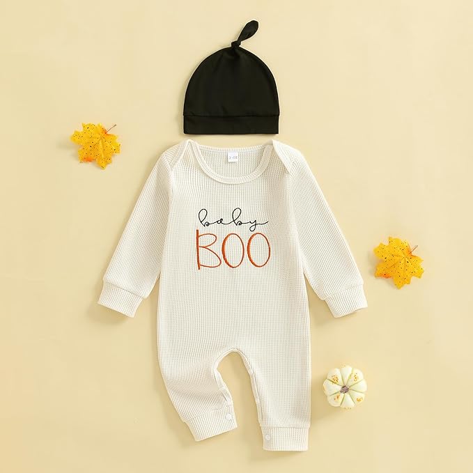 Newborn Infant Baby Boy Halloween Outfit Little Pumpkin Embroidery Romper Waffle Knit Long Sleeve Jumpsuit with Hat