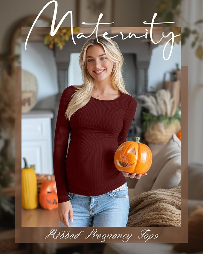 Huukeay 4 Pack Women's Maternity Shirts, Long Sleeve Cotton Ribbed Pregnancy Tops Side Ruched Crew Neck Casual Mama Clothes
