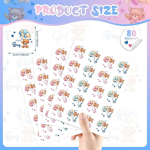 80Pcs Cute Bear Gender Reveal Stickers Roll, 2 Inch Team Boy Team Girl Gender Reveal Labels, Pink and Blue Self-Adhesive Decorative Round Stickers for Baby Shower Party Supplies