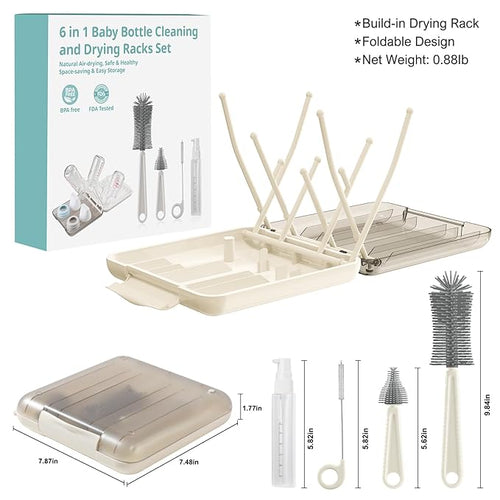 6 in 1 Baby Bottle Brush Set,Bottle Cleaner Brush Kit with Silicone Bottle Brush,Drying Rack,Nipple Brush,Straw Brush,Soap Dispenser&Storage Box,Portable Baby Essentials for Home&Travel (White)