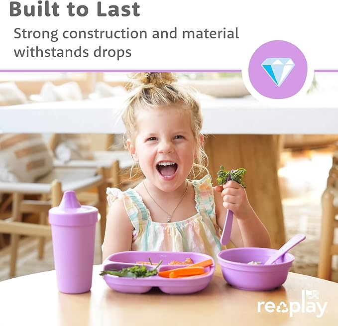 Re-Play Toddler Plates with Dividers - Deep-Walled 3 Compartments Divided Plates for Kids - Dishwasher & Microwave Safe - Made in USA - Set of 3-7.37" x 7.37" x 1.25" - Butterfly
