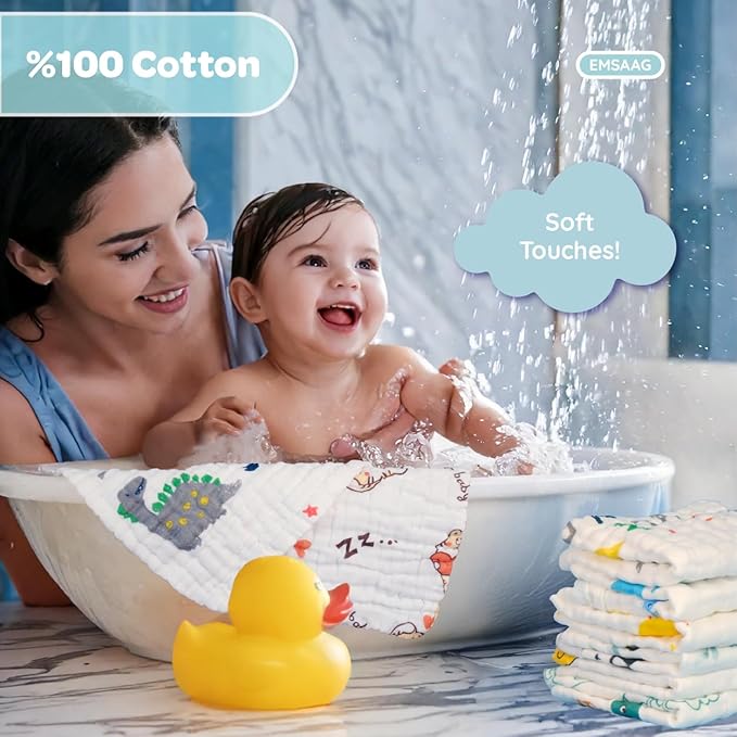 Gift Boxed Animal Pattern Baby Washcloths Pack of 7 - Absorbent Bath and Face Towels, Soft Sweat Cloths for Newborn 100% Cotton Baby Wipes, Burp Cloths for Babies and Infants