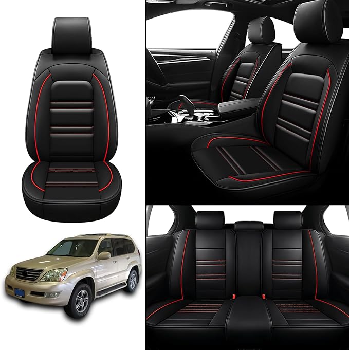 Seat Covers for Lexus Car gx470 2003-2009 | 5-Seats Leather Seat Covers, Easy to Install Automotive Seat Covers Full Set (Full Set, Black&Red Line)