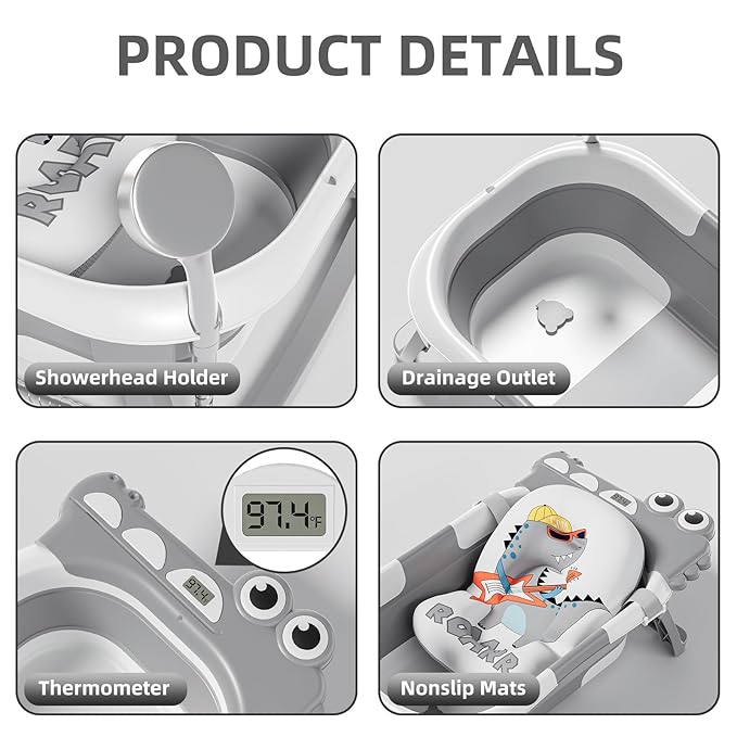 TPN Collapsible Baby Bathtub, Baby Bath Tub with Soft Cushion & Real-Time Thermometer, Baby Bathtub Infant to Toddler Tub (0-36 Months), Portable Travel Baby Tubs for Newborns (Grey)