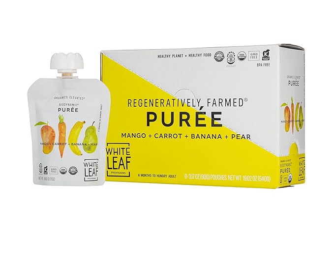 White Leaf Provisions Organic Purees / Baby Food Pouches - Fruits, Veggies & Grains, Toddler snack, Regeneratively Farmed, No Added Sugar, Non-GMO, BPA-Free Pouches 3.17 oz (Pack of 24, Mango + Carrot + Banana + Pear)