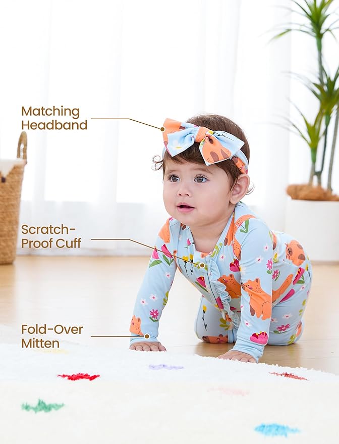 PATPAT Baby Girl Boy Clothes Newborn Infant Footie – Soft Viscose from Bamboo– 2-Way Zipper, Fold-Over Mitten, Ruffle Trim