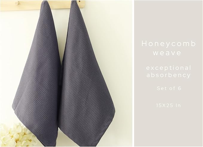 PurpleEssences Waffle Weave Kitchen Towel, 100% Cotton - 15 x 25 Inches, with Hanging Loop Ultra Soft Absorbent Quick Drying Dish Cloth, Tea and Hand Towels, 4 Pack - Fall Thanksgiving - Dark Grey