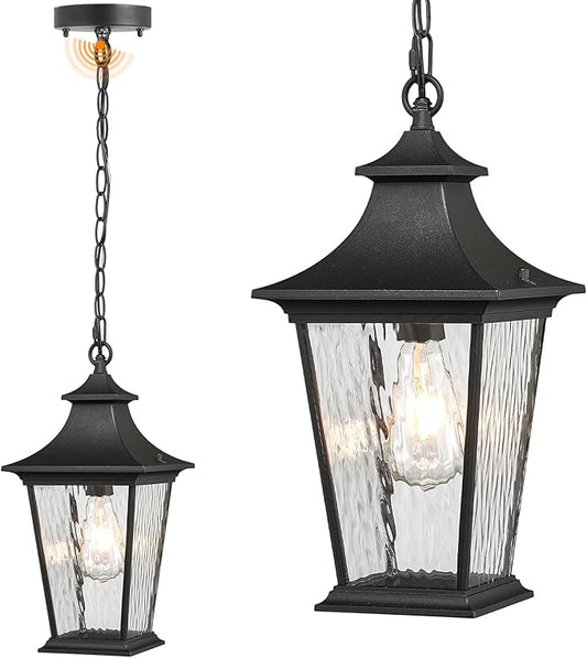 16.4 Inch Black Hanging Porch Lights Outdoor Waterproof Aluminum Outdoor Pendant Light Dusk to Dawn Exterior Hanging Light Fixture for Gazebo E26 Socket