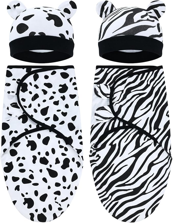Cinaci 2 Pieces Adjustable Soft Cotton Baby Swaddle Sleep Sacks Hats Newborn Nursery Caps Beanies Bonnets Swaddle Blanket Wraps for Baby Girls Boys Infants Newborns (2PCS S14)