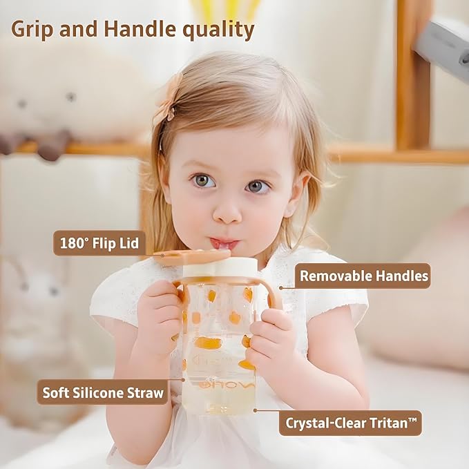 Evorie Tritan Spill Proof Toddler Straw Sippy Cup, 10 oz for Baby and Toddlers 1-3 Years Old, No Spill Straw Water Bottle with Removable Handles, Ideal for School, BPA-Free, Blue Rabbit