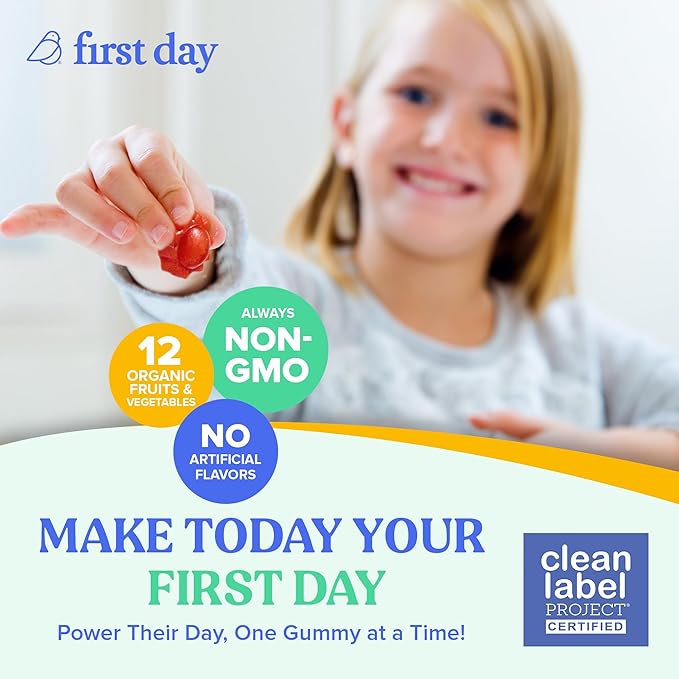 First Day Kids Multivitamin Gummies Age 4+, Strawberry & Orange - Kids Vitamins Multivitamin Gummy A C D3 K2 B1 B2 B6 B12 Folate, Immunity & Brain Function, Vegan - 30 Day Supply, Packaging May Vary