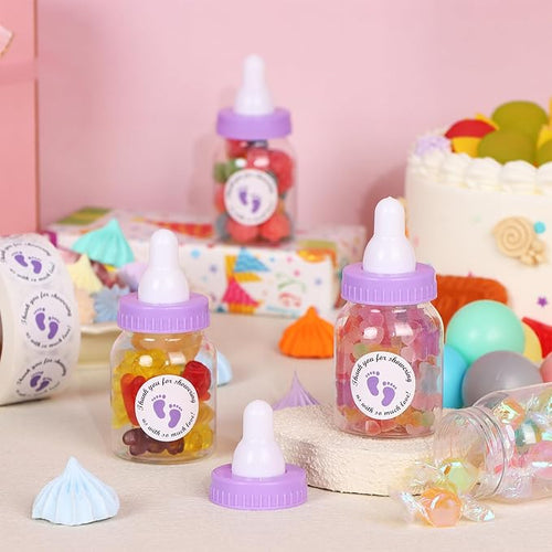 62 Pcs 3.5 Inch Baby Mini Milk Bottle Baby Shower Favor with 500 Adhesive Thank You for Showering Stickers, Small Plastic Candy Bottle DIY Gift for Boy Girl Newborn Baptism Party Decor (Purple)
