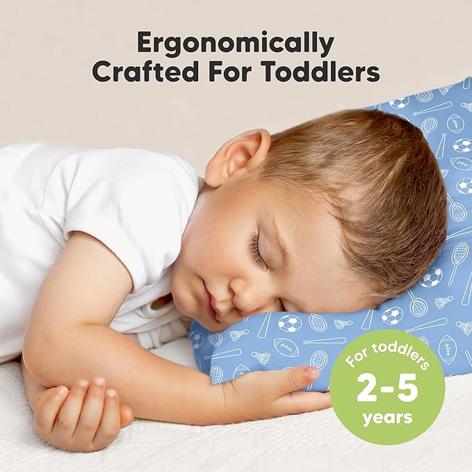 KeaBabies 2-Pack Toddler Pillow 13x18 - Soft Organic Cotton Kids Travel Bed Pillows for Sleeping, School, Nap, Machine Washable, Toddlers 2 to 5, Pillowcase Sold Separately (Sports)