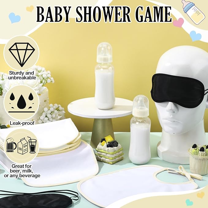 Leinuosen 24 Pcs Baby Shower Blindfold Feeding Game Set Include 6 Plastic Chug Bottles 6 Bib and 12 Eye Mask Blindfold Baby Feeding Bottle Chug Game for Adult Gender Reveal Party Supplies(Milky White)