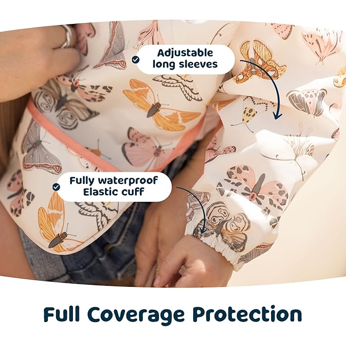 Tiny Twinkle Long Sleeve Bib for Babies & Toddlers – Waterproof Smock Bib for Eating – Machine Washable & Mess-Proof, Baby Feeding Essential & Shower Must-Have(Flutter, 2-4Y)