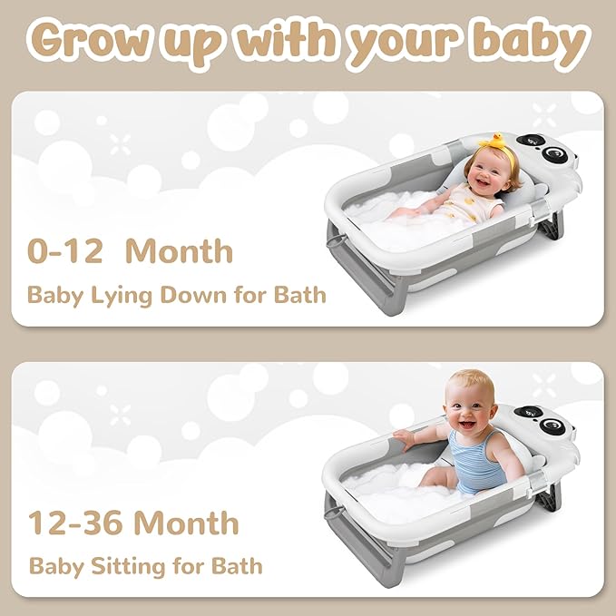 Collapsible Baby Bathtub for Newborn, Baby Bath Tub with Thermometer & Soft Floating Cushion & Drain Hole for Infant to Toddler, Portable Travel Bathtub with No-Slip Feet for 0-36 Months-Gray