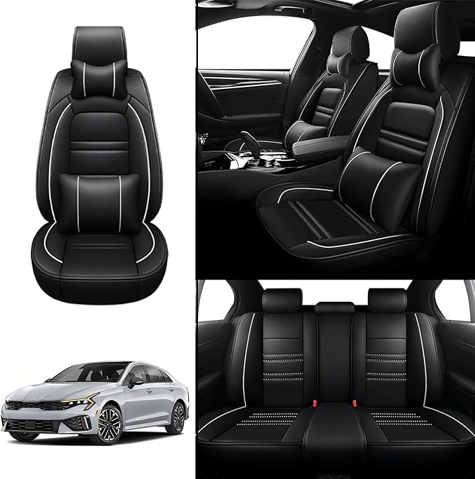 Car Seat Covers for kia k5 2021-2025 | 5-Seats Seat Covers, Waterproof Seat Protectors, Automotive Seat Covers (Full Set with Pillow,Black&White Line)