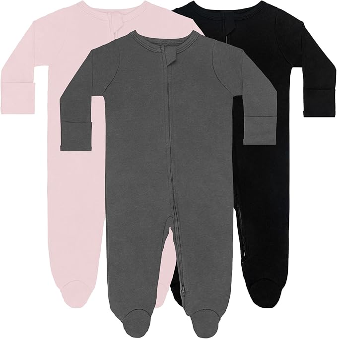 GUISBY Long Sleeve Baby Footed Pajamas with Mittens Cotton Sleepers with Zipper 3-Pack